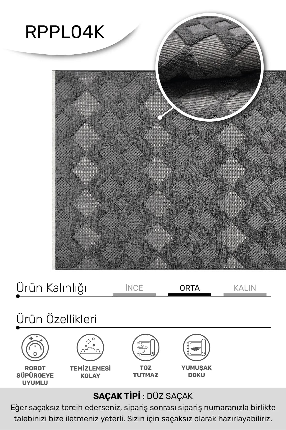 MASAL-Antrasit- Özel Ölçü- Oturma Odası, Koridor, Yatak Odası Halısı- Robot Süpürgeye Uyumlu-Kolay Temizlenebilir- Uygun Fiyat